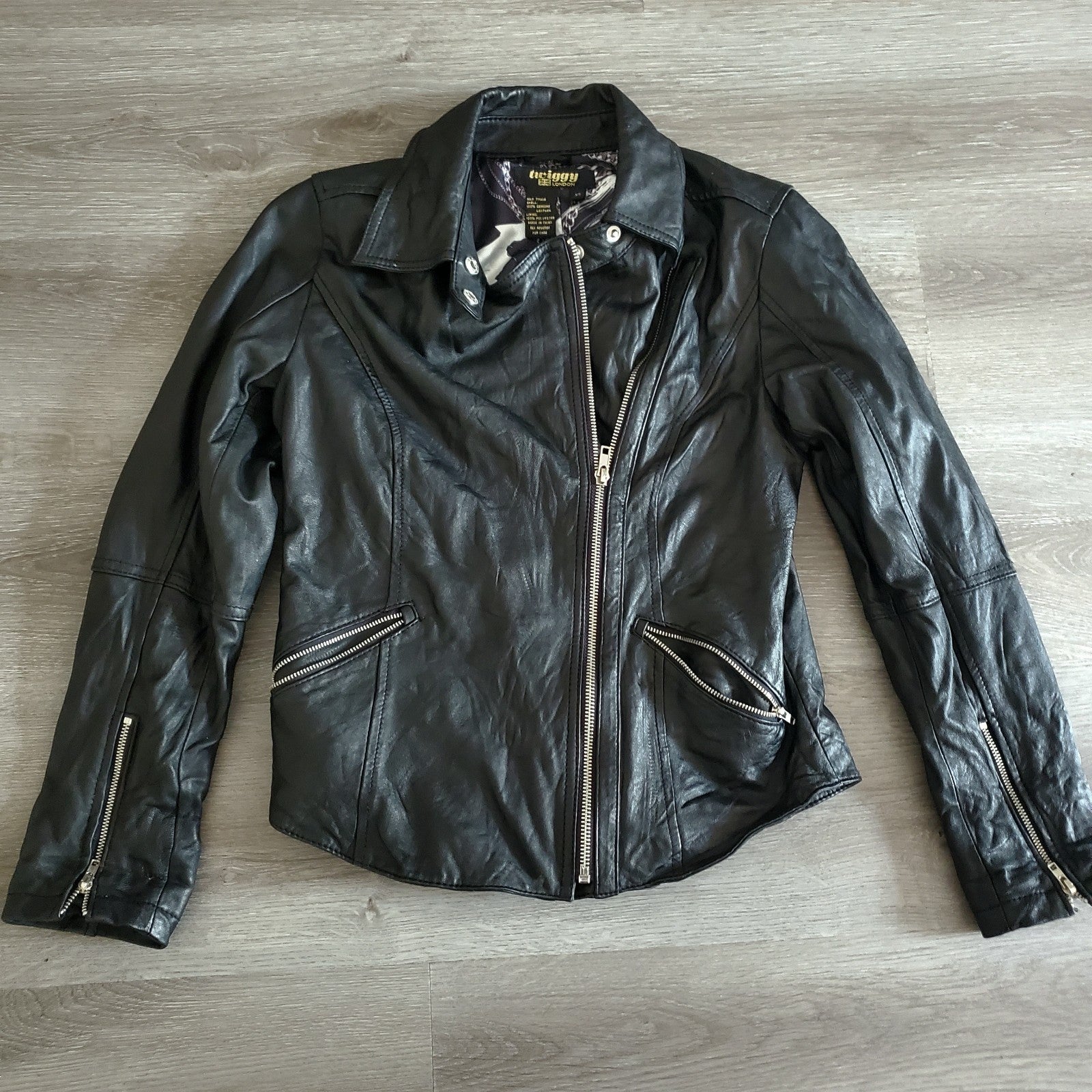 Rare Twiggy London Black 100% Leather Jacket Women's XS London Interior Graphic