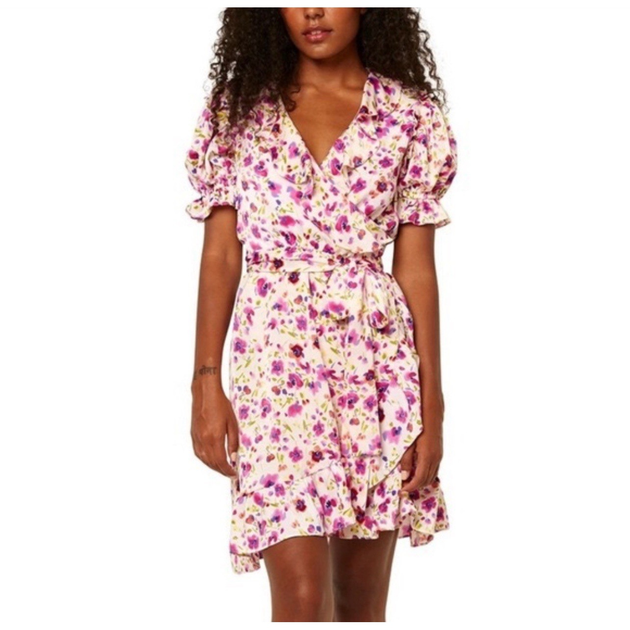 MISA Los Angeles Ruffle Pink Floral True Wrap Dress Size Small New MSRP370