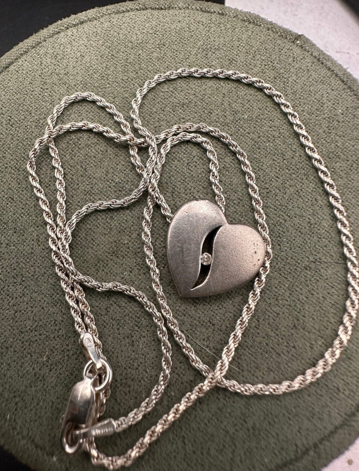 Vintage Sterling Genuine Diamond Heart Slider Slant Pendant with Rope chain