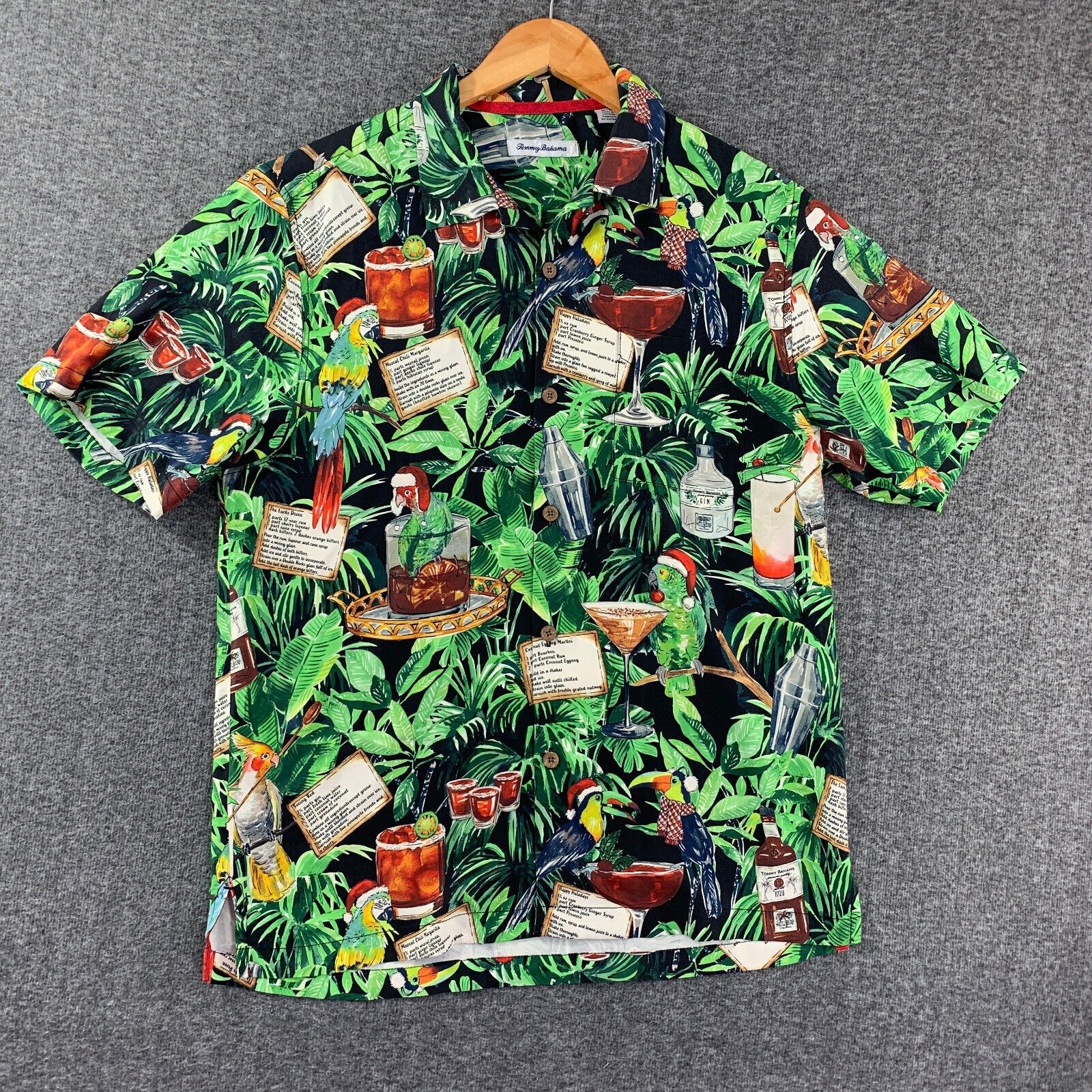 Tommy Bahama Hawaiian Shirt Men Medium Silk Loop Collar Parrot Martini Beach Alo