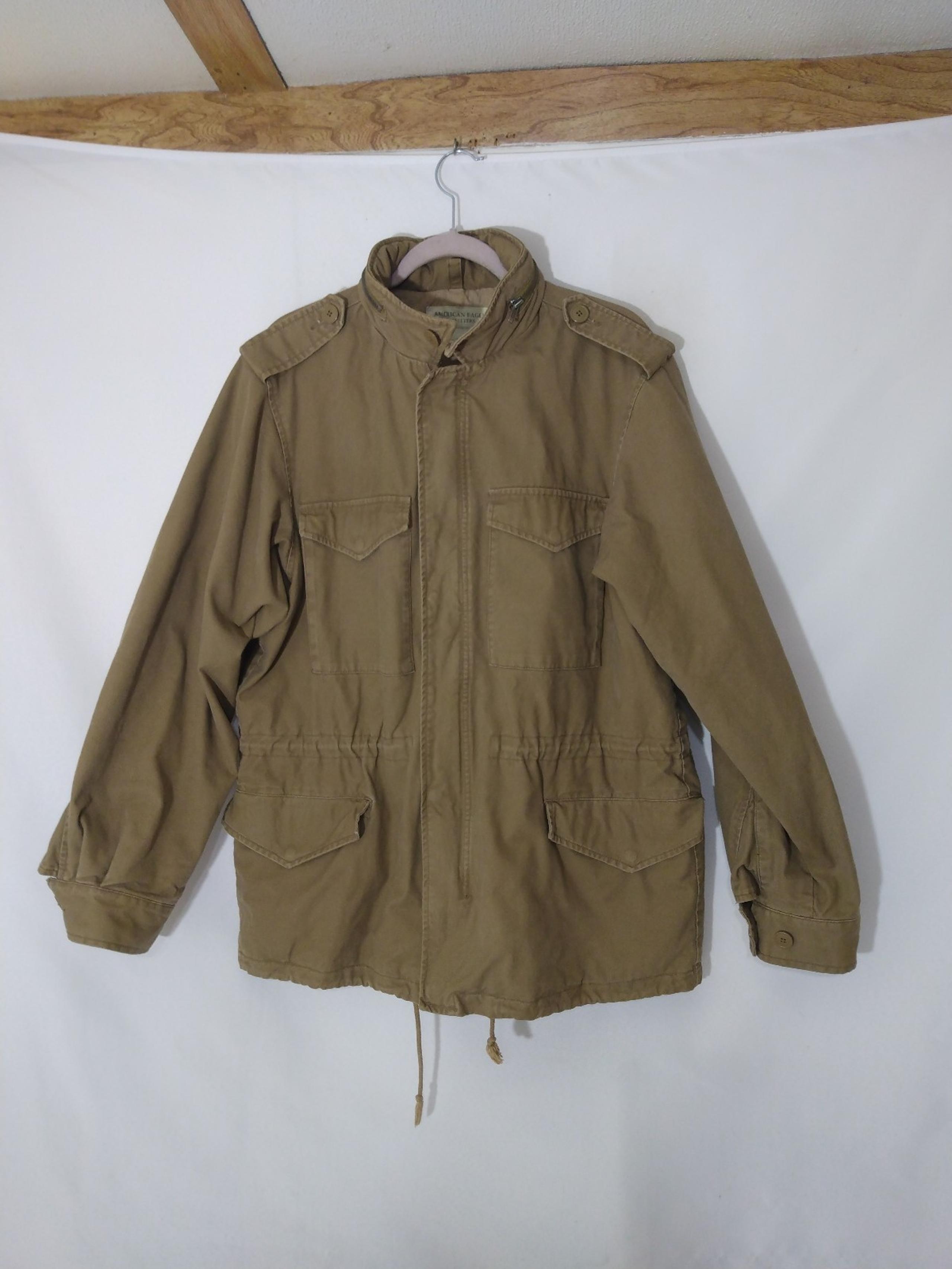 Mens Vintage American Eagle Tan Military Flannel Lined Hooded Field Jacket Sz L