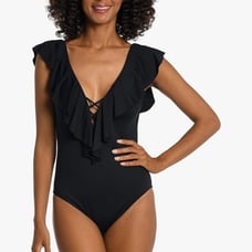 La Blanca Standard Island Goddess Over The Shoulder Ruffle Plunge One Piece