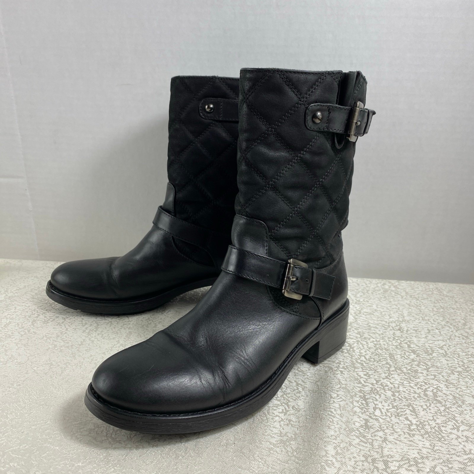 Aquatalia By Marvin K Women’s 7 Boots Black Motorcycle Quilted Buckle Leather