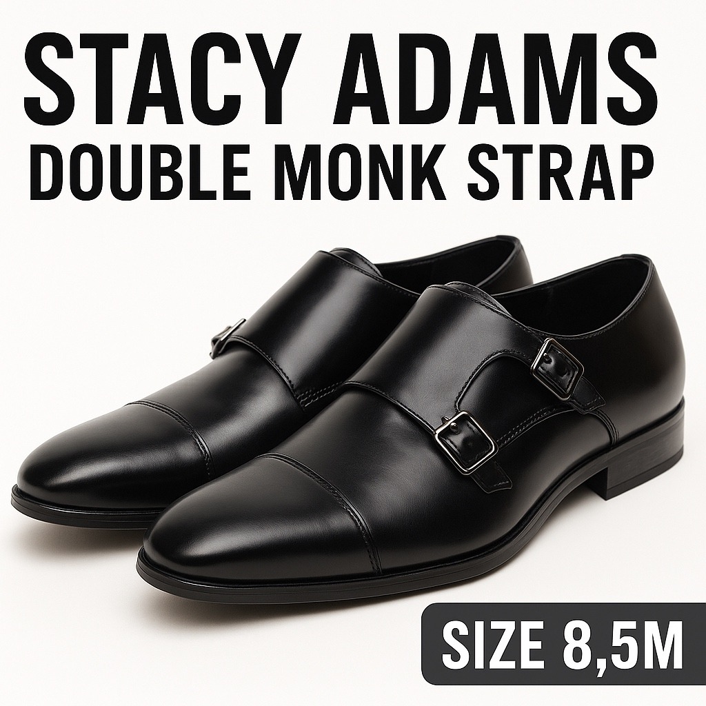 Stacy Adams Men's 8.5M Black Double Monk Strap Dress Shoes Cap Toe