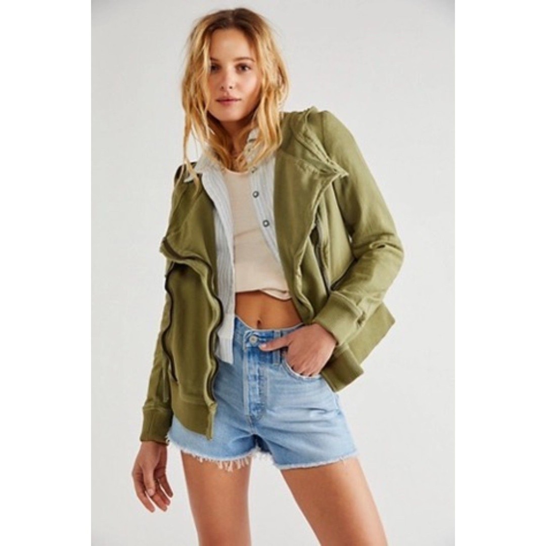 Free People We the Free Carmen Green Hoodie Moto Jacket XS Zip Front