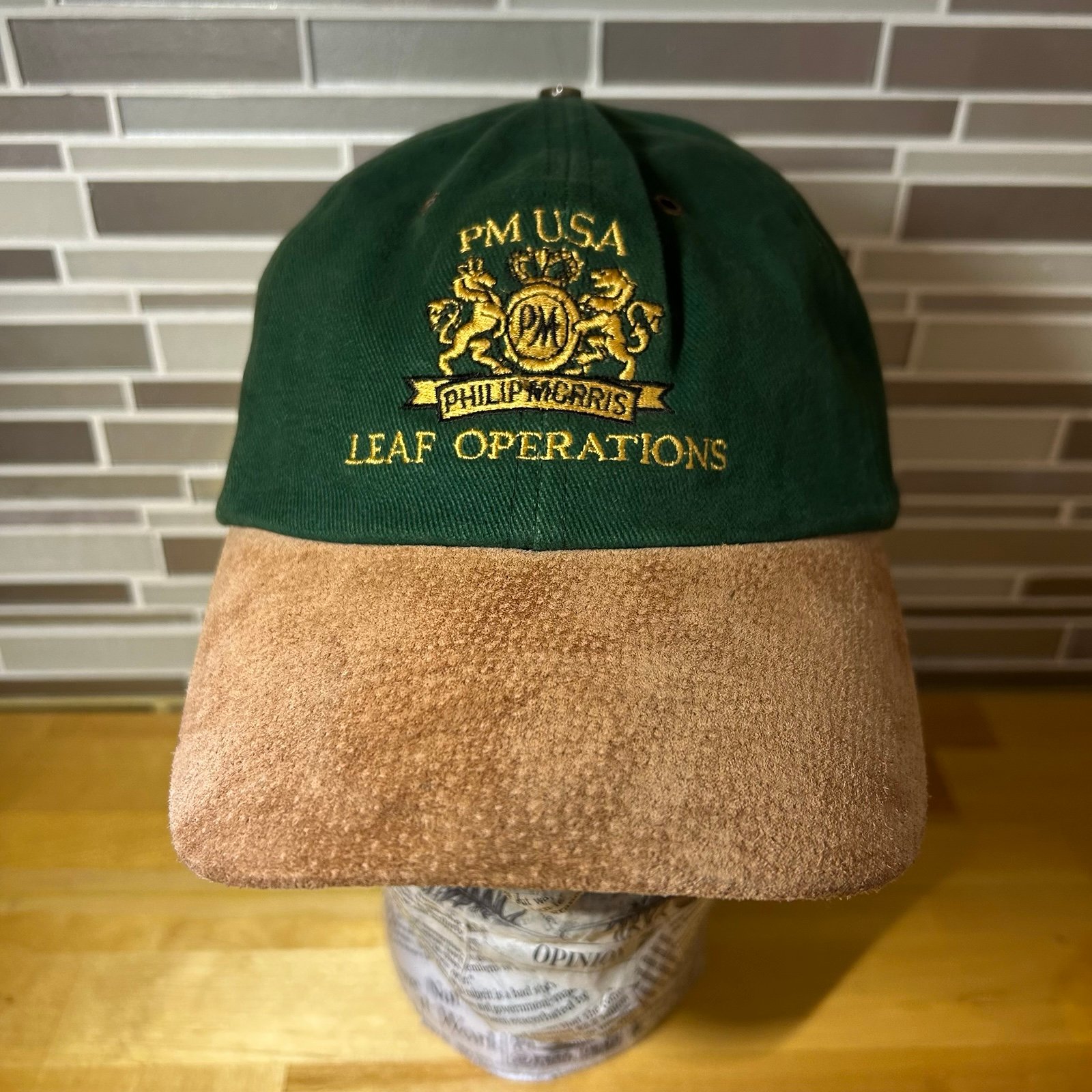 Vintage Philip Morris USA Embroidered Logo Green Strap-back with Suede Brim Hat
