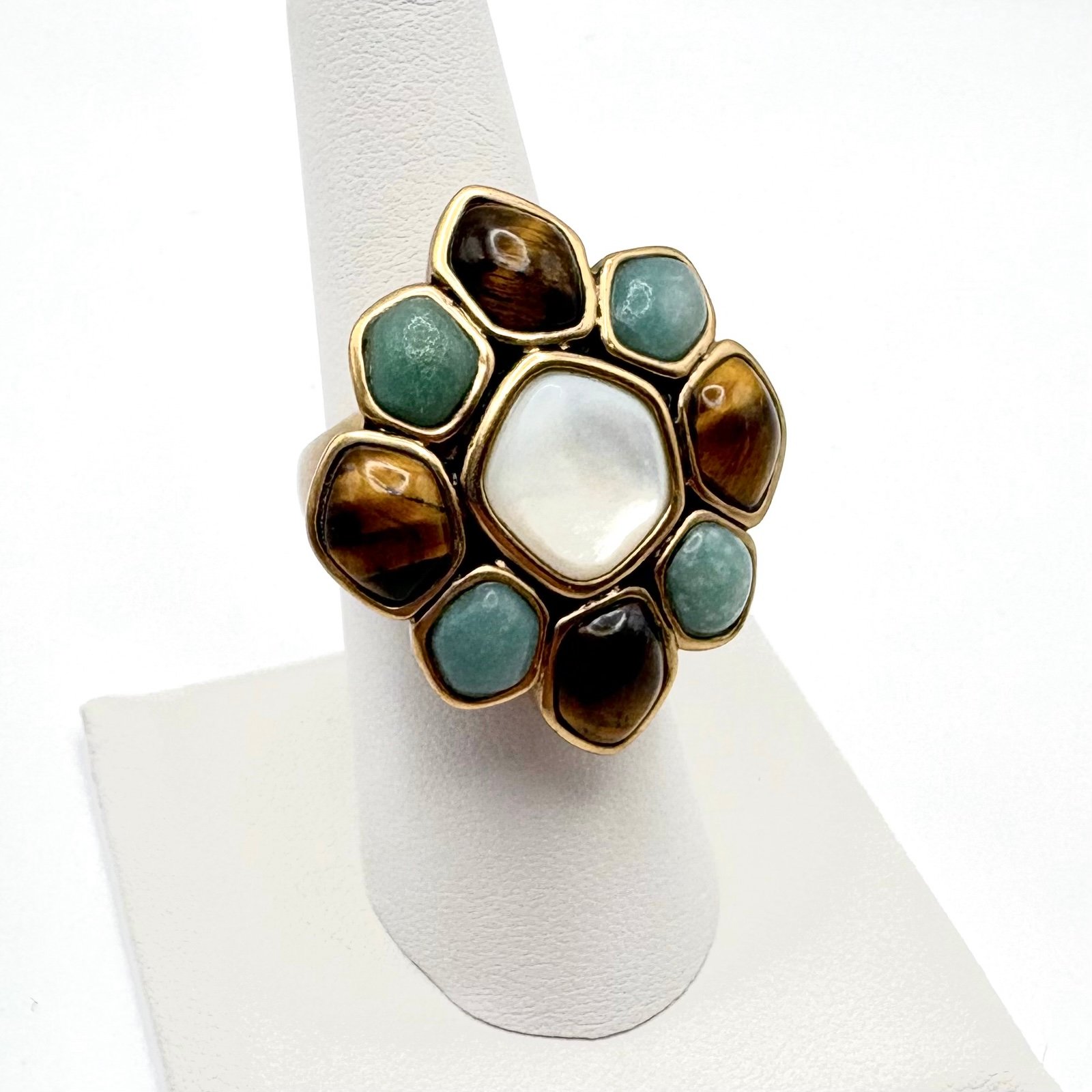 Studio Barse Flower Bronze Ring with Mother of Pearl Aventurine Tiger's Eye