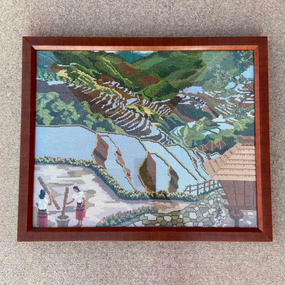 Vintage Framed Needlepoint Decorative Mountain Village Scenery Home Decor Art