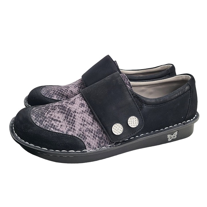 Alegria Black Snake Leather Cross Strap Comfort Slip-On Shoes
