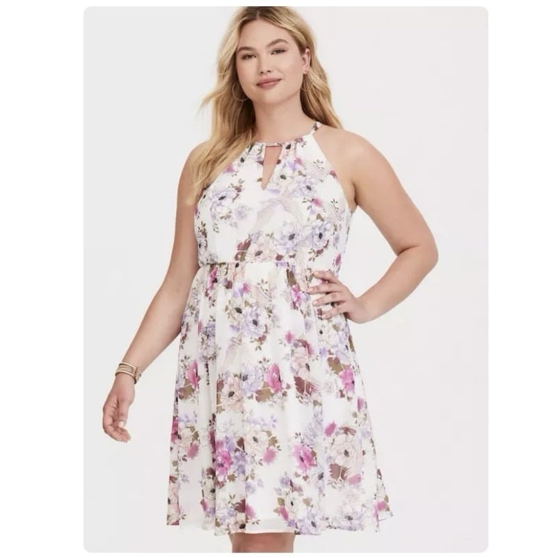 Torrid Pink Purple Floral Midi Chiffon Halter Neck Sleeveless Dress Size 2X