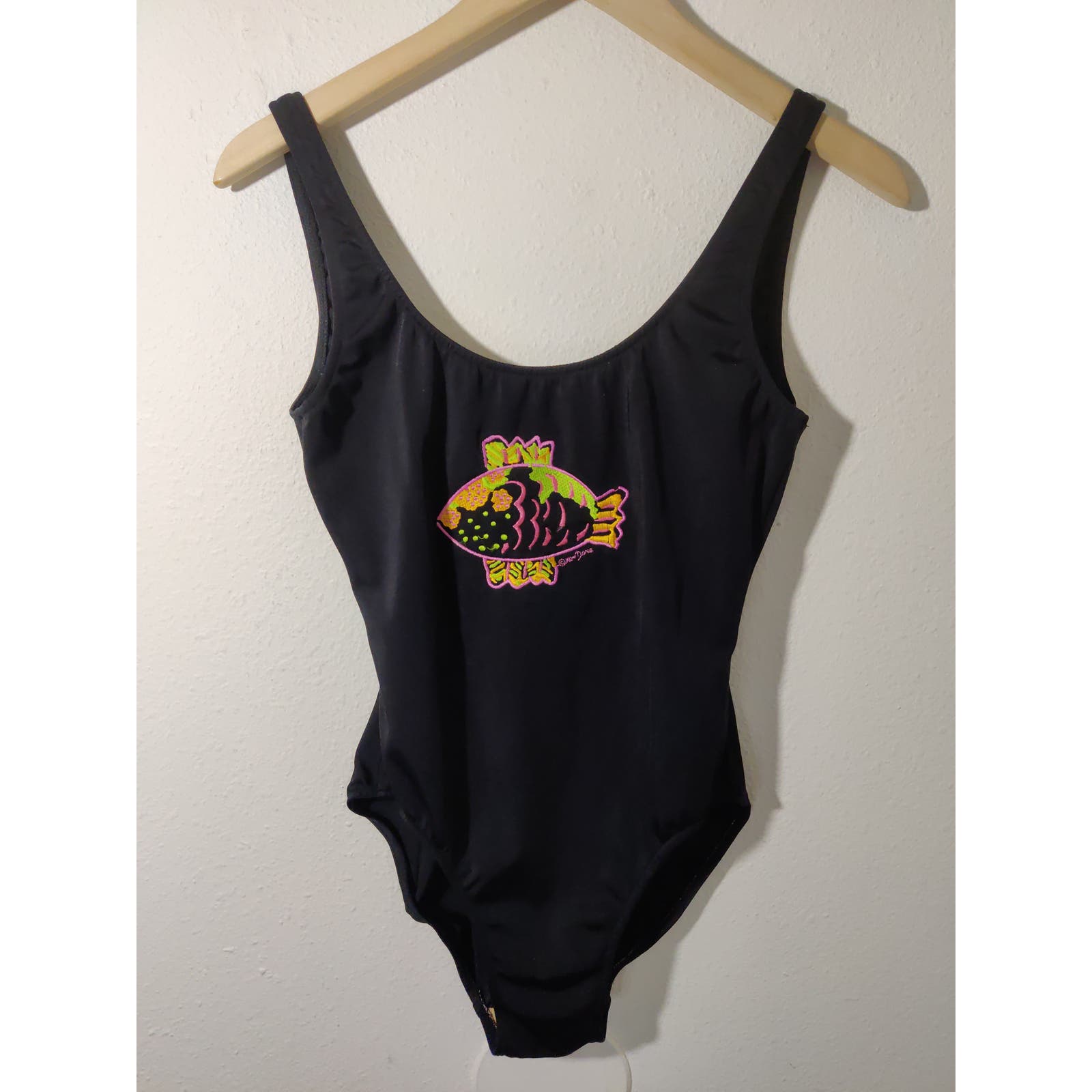 Ken Done Vintage Black Embroidered Fish Scoop Back One Piece Swimsuit 12