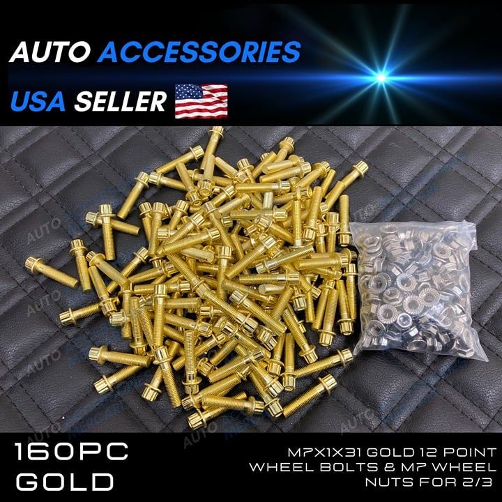 160pcs M7x1x31 Gold 12 Point Wheel Bolts & M7 Wheel Nuts for 2/3