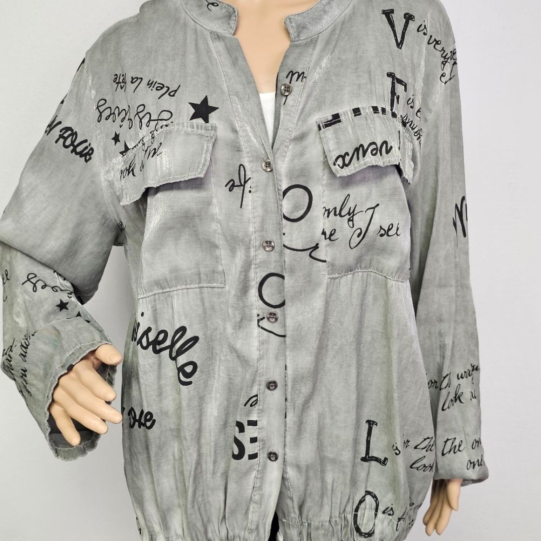 AmoRosa Blouse Shiny Silver Green Waist Tie Tab Sleeves Lettering Print Sz L/XL