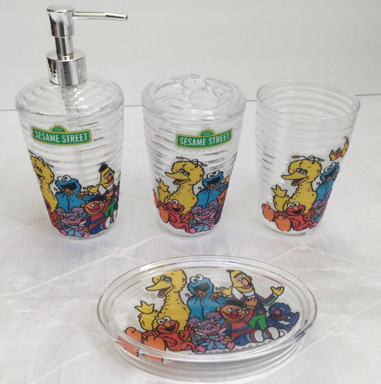 Sesame Street /Elmo inspired soap dispenser set /Big Bird toothbrush holder. 4pc