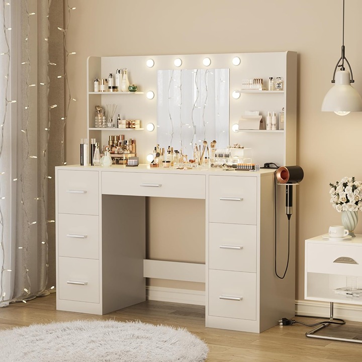 Vanity Desk with Mirror, LED Lights and Power Outlet Vanity Table