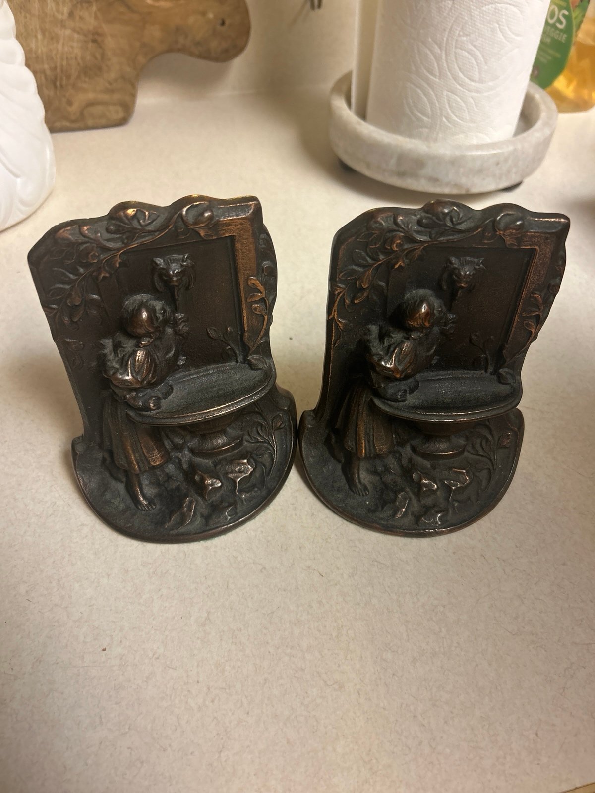 Rare Antique Bronze Book Ends 1890s-1900s Girl by Water Fountain