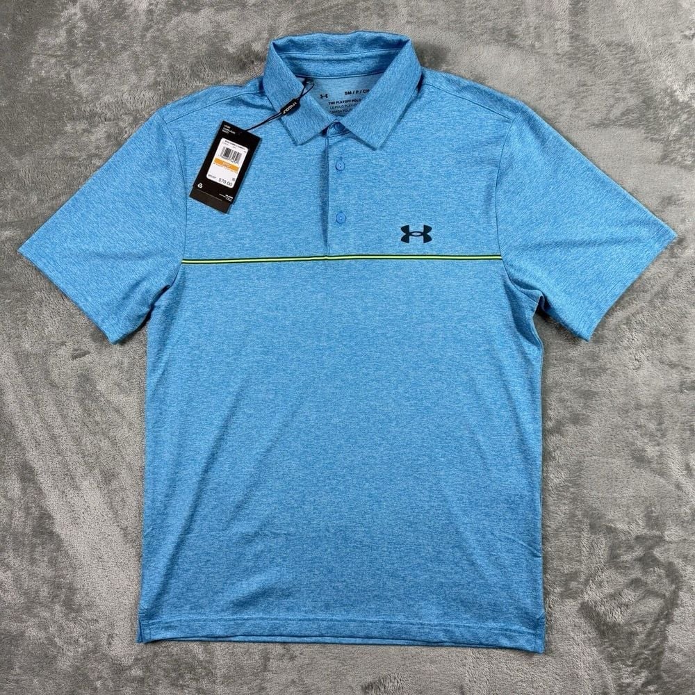 Under Armour The Playoff Polo Mens Size Small Blue Neon Green Striped Shirt NWT