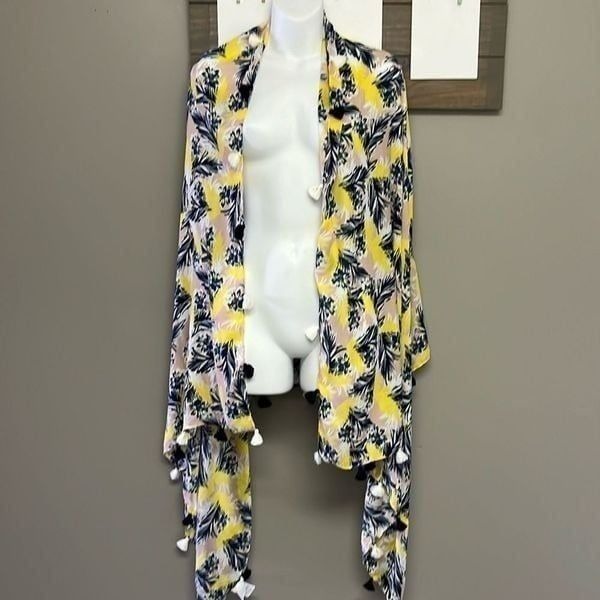 J. By J. Crew Tropical Yellow Blush Cream and Navy Wrap or Scarf with Tassels-OS