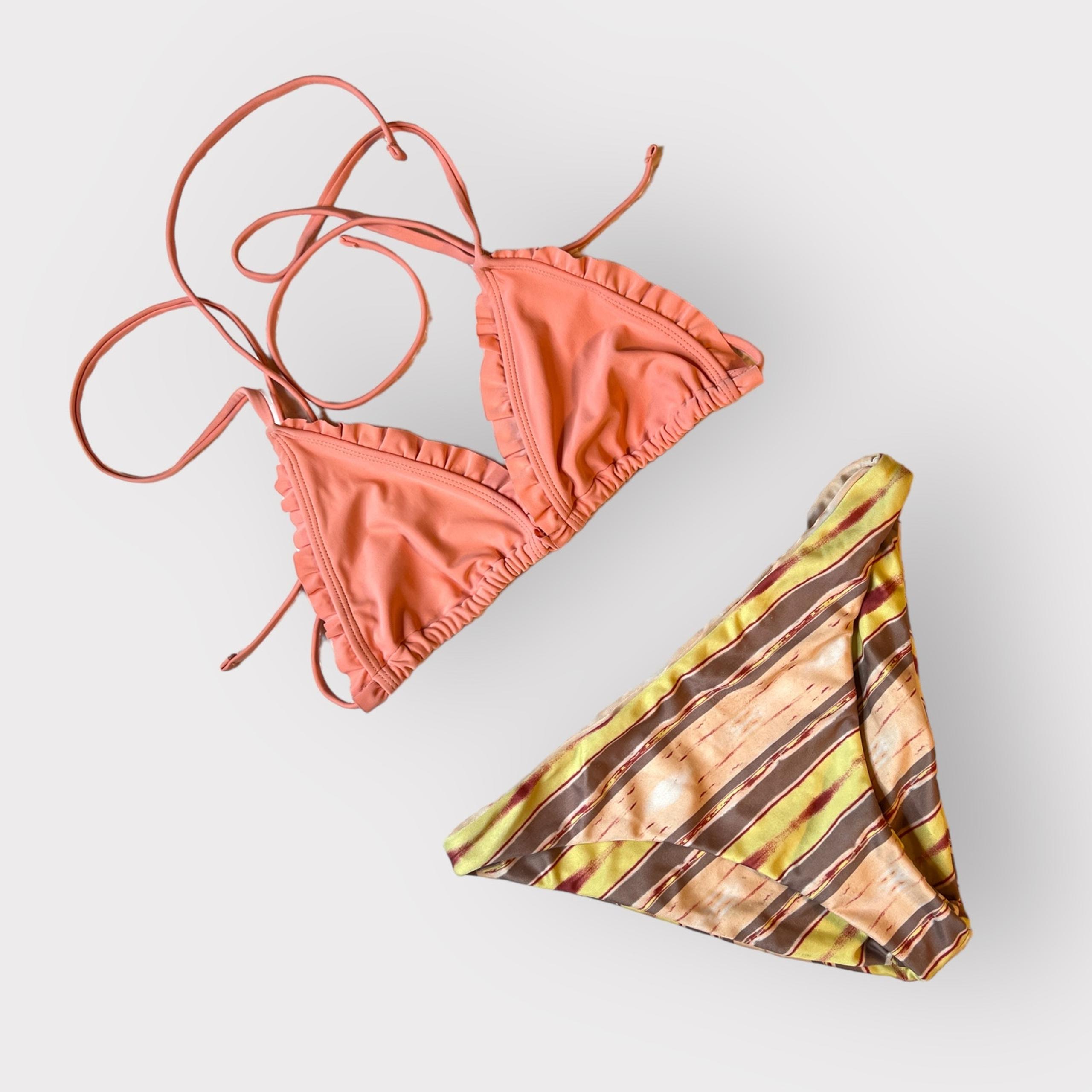 Tori Praver Swimwear Triangle String Bikini Top Cheeky Bottoms Set sz XS Pastel