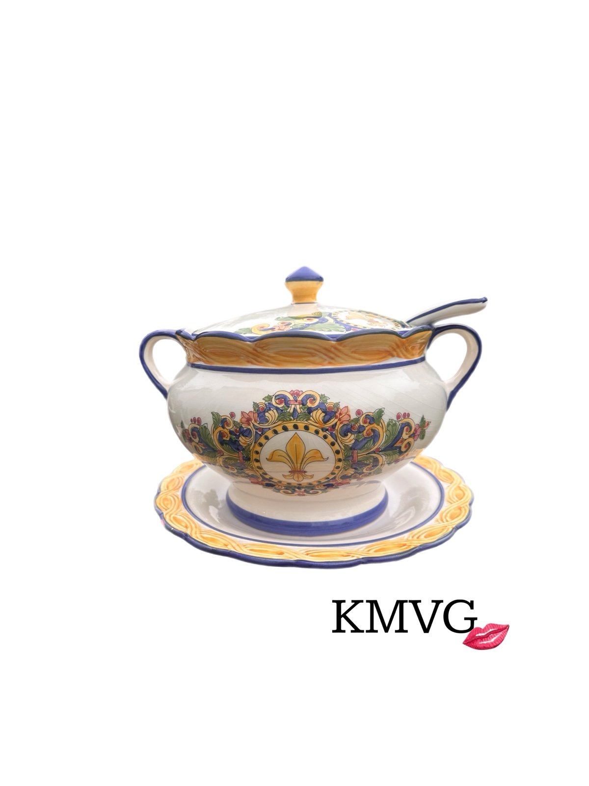 Vintage XL Tureen & Lid w Ladle and Underplate Fleur De Lis by JAY WILLFRED
