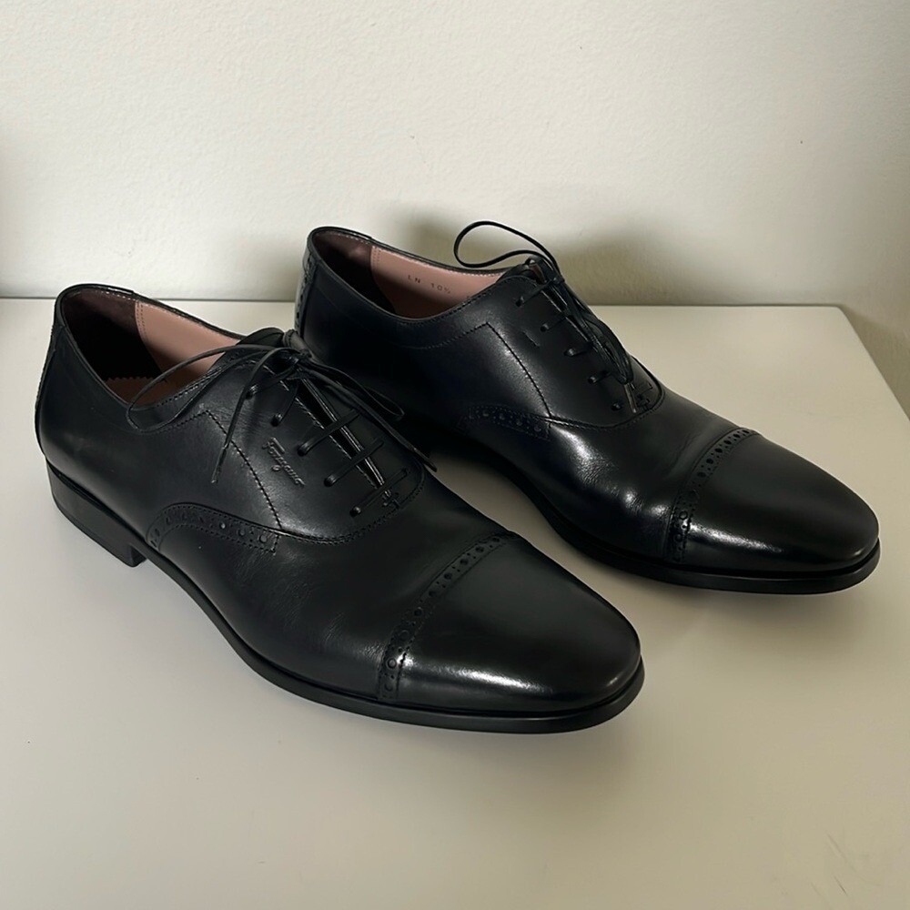 Salvatore Ferragamo Men's Black Leather Riley Captoe Oxford Shoes Sz 10.5 E Wide