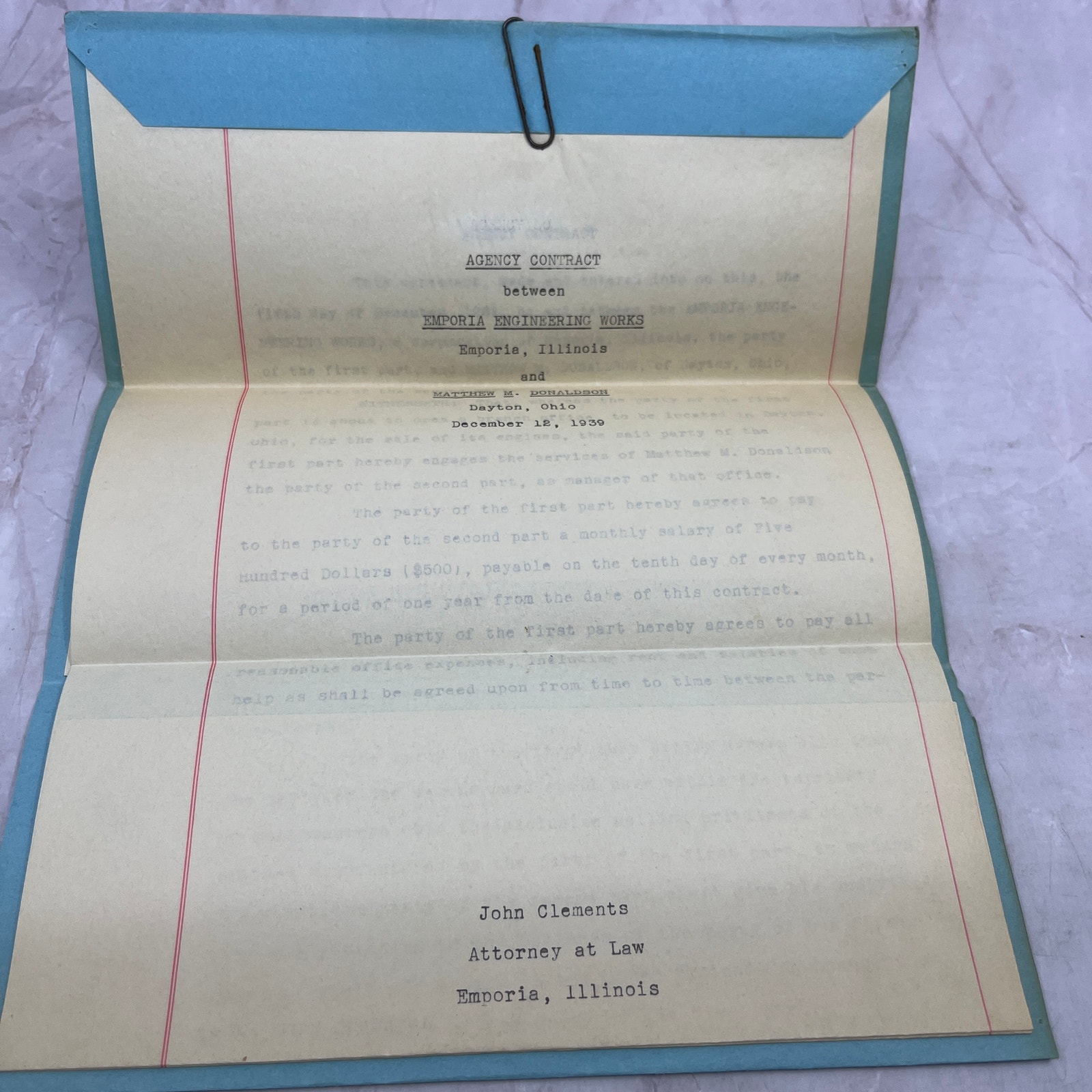 1939 Emporia Engineering Works & Matthew M. Donaldson Agency Contract TA9-E2