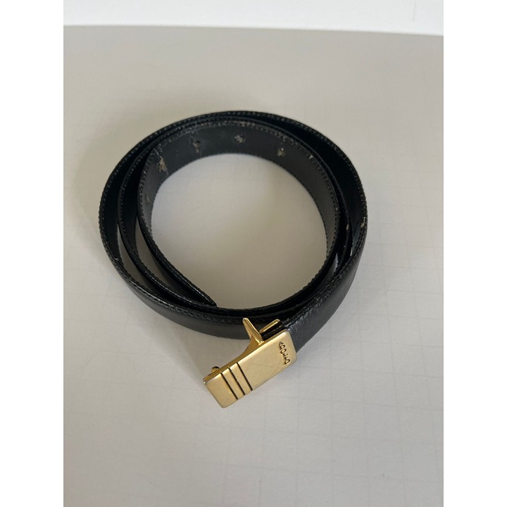 Vintage Adolfo Black Leather Thin Belt Gold Tone Buckle With Logo Adolfo Leather