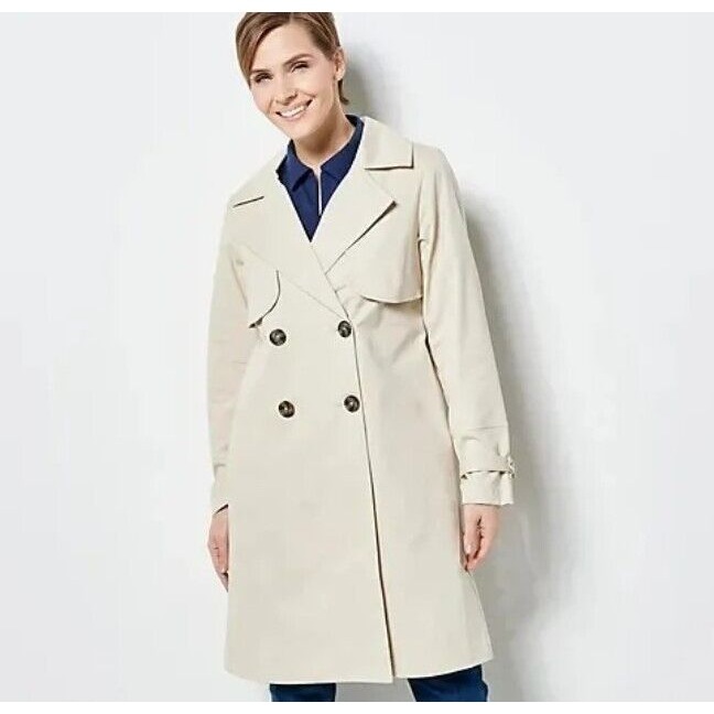Centigrade Twill Double Breasted Long Trench Coat in Stone Size Small