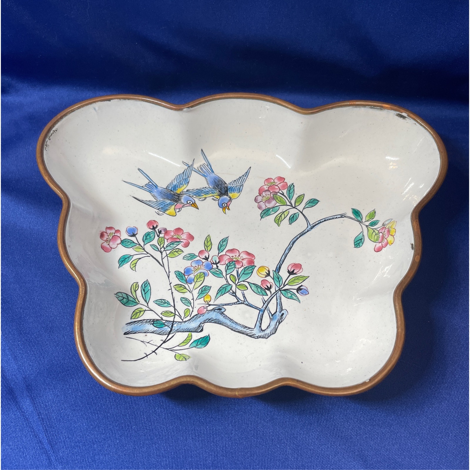 Antique Enamel over Brass Hand Painted Chinese Ruffle Edge
