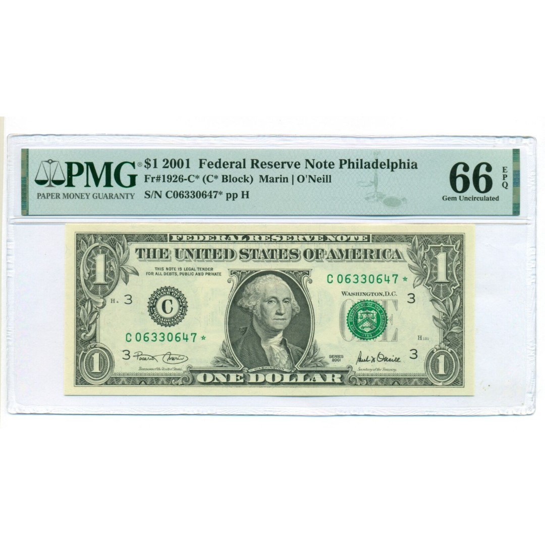 2001 FRB Philadelphia 1 Star / Replacement Bank Note Gem Unc 66 EPQ PMG