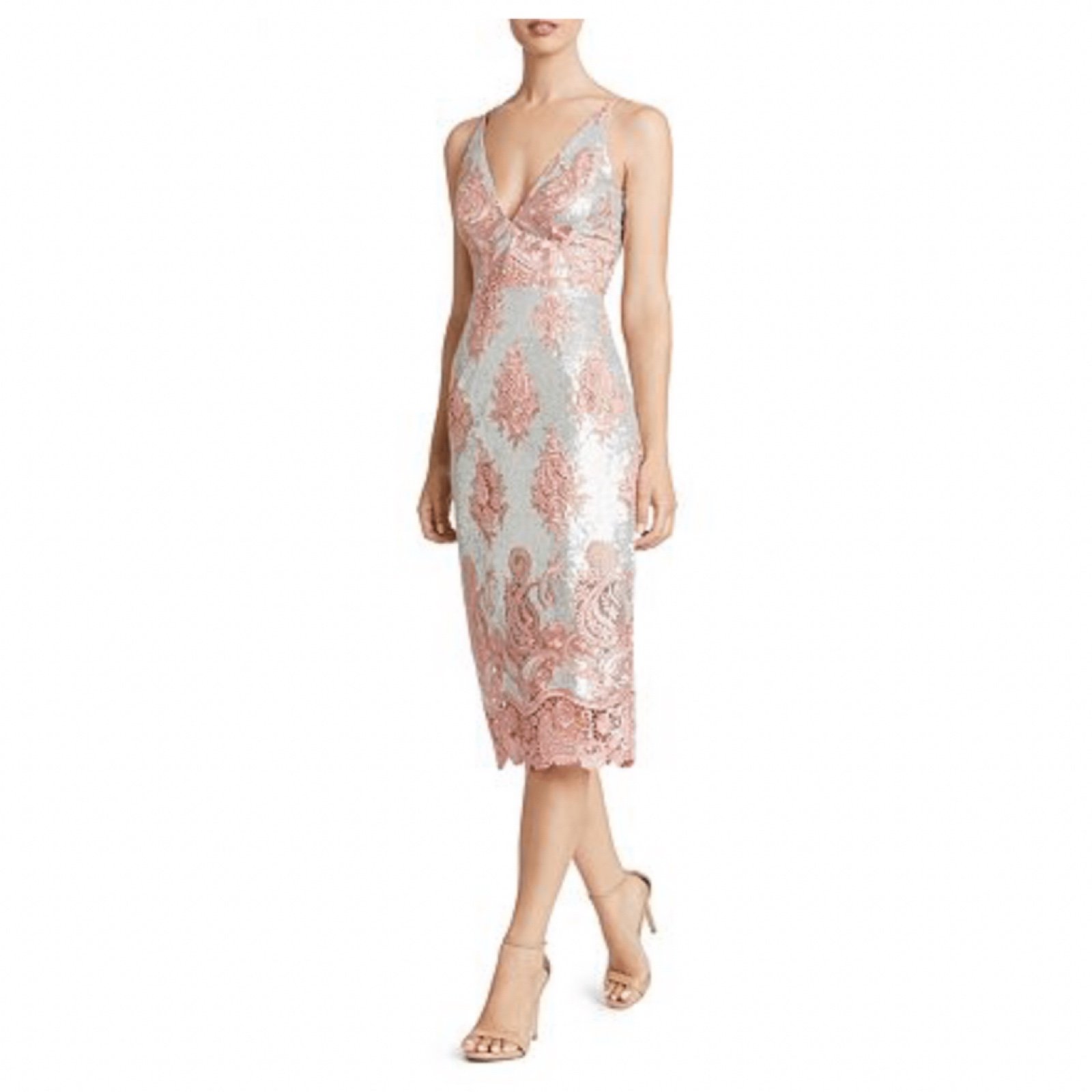 Dress the Population Angela Midi Dress Sequined Lace Deep V Neck Metallic ASO TV