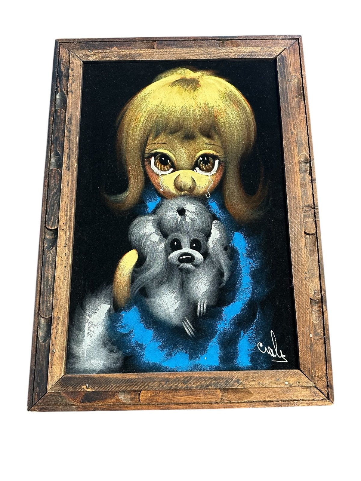 Vtg Black Velvet Painting 1960's Big Sad Eye Blonde Girl White Poodle Signed