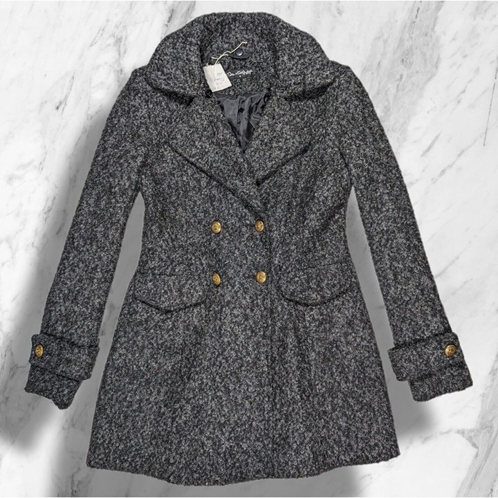 Miss Selfridge Gray Military Double Breasted Pea Coat Fuzzy Wool Blend Tweed 6