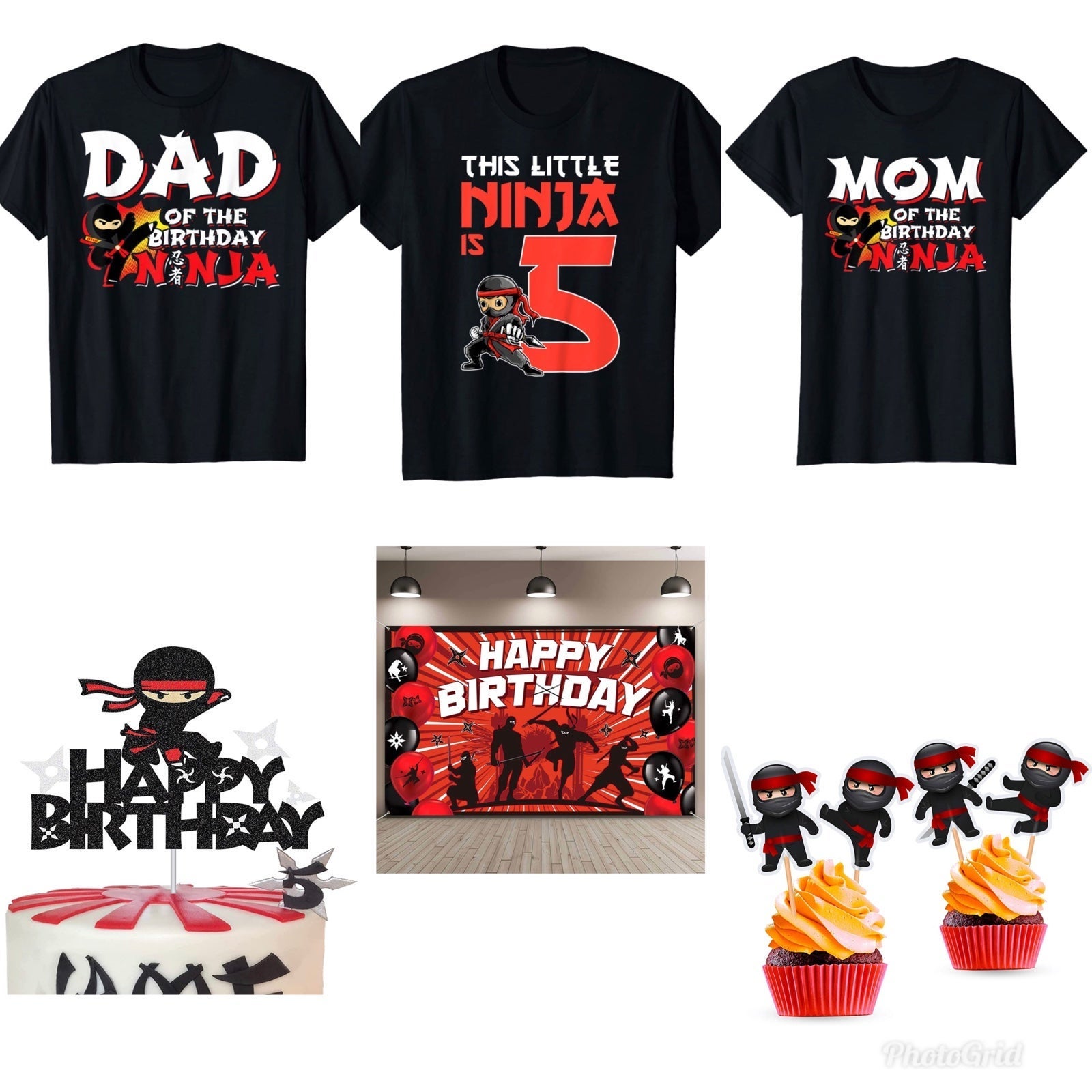 Kid,Dad and Mom Happy Birthday Ninja ThemeT-Shirts. Cupcake Toppers and Backdrop