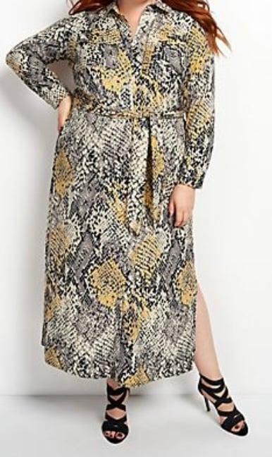 NEW 1X yellow toned snake print maxi dress with pockets, front snaps & belt