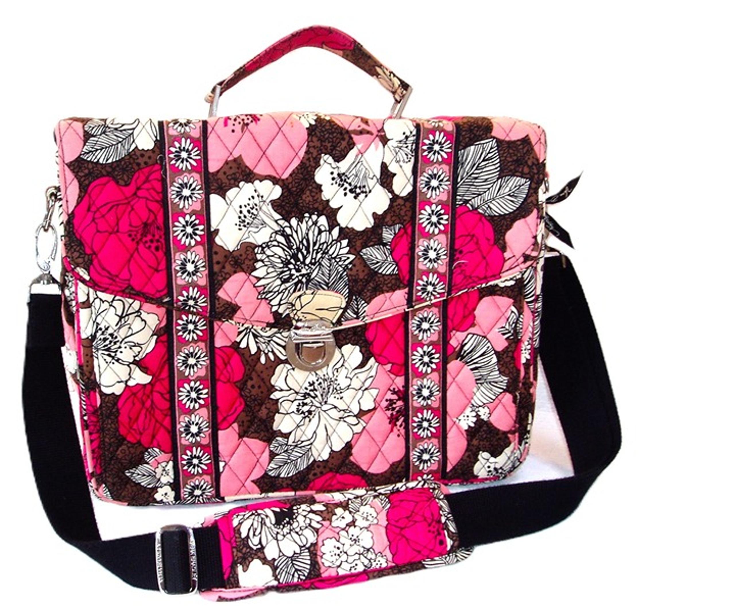 VERA BRADLEY Quilted Pink Floral Mocha Rouge Attache Laptop Messenger Bag