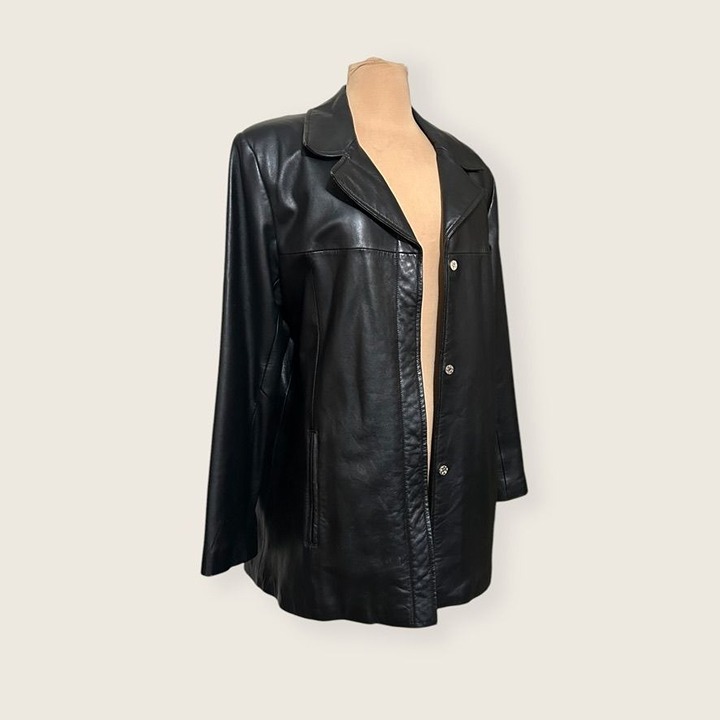 Vintage Vakko Leather Coat Black Large 90s Retro Mid Length EUC Women Lambskin