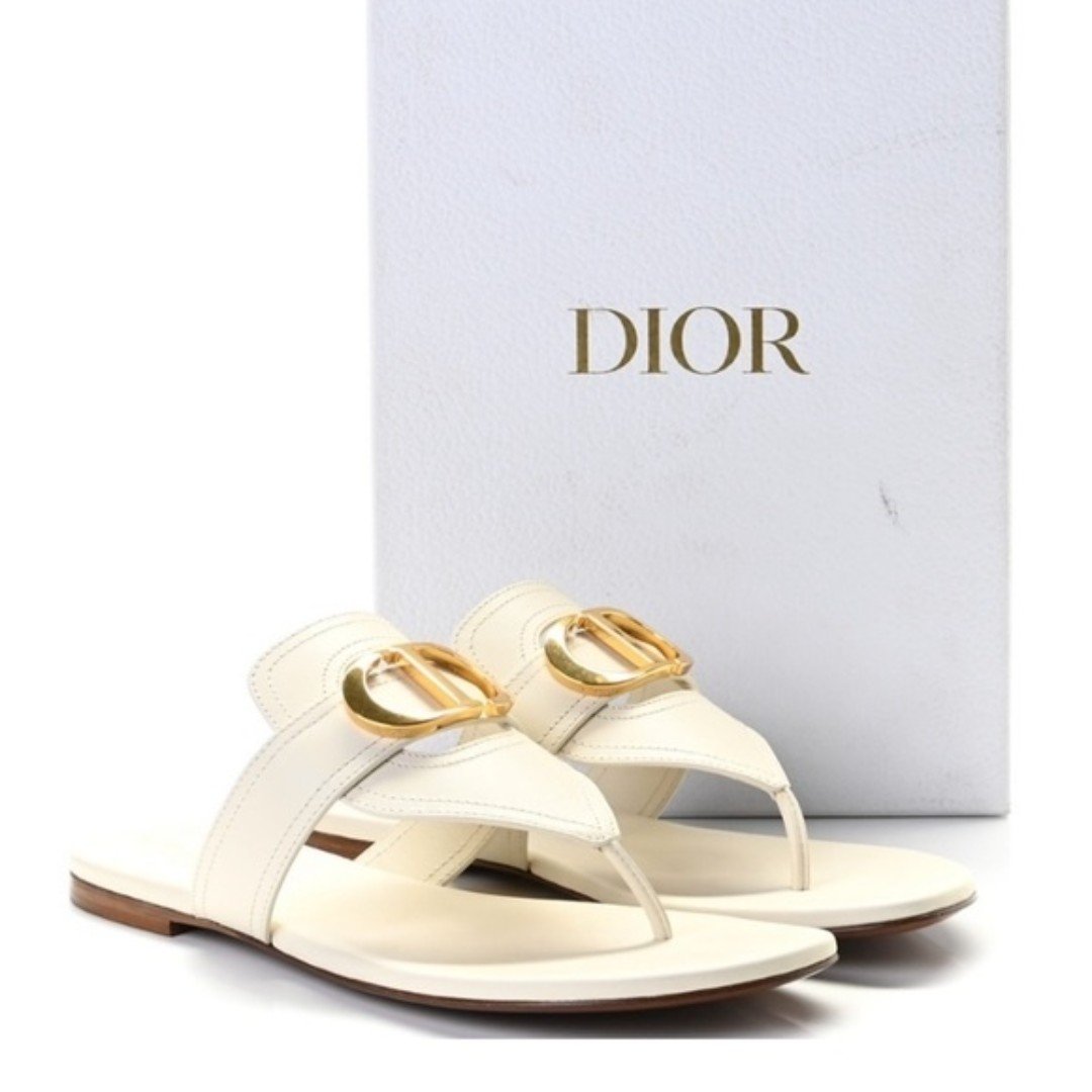 DIOR Authentic Christian Dior 30 Montaigne CD Gold Logo White Leather Sandals 37