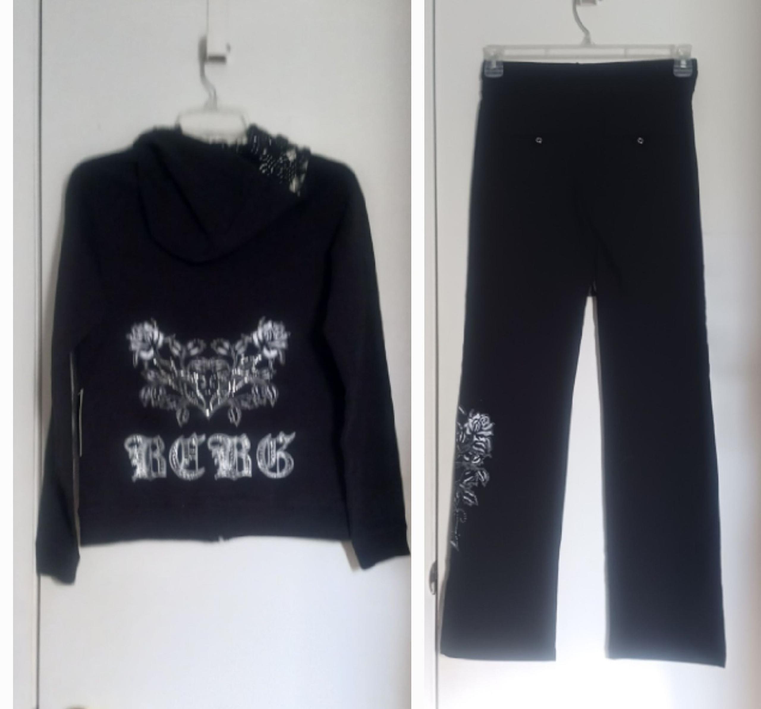 BCBG Maxazria Black Silver/White Roses Full-Zip Hoodie & Pants Tracksuit Sz L