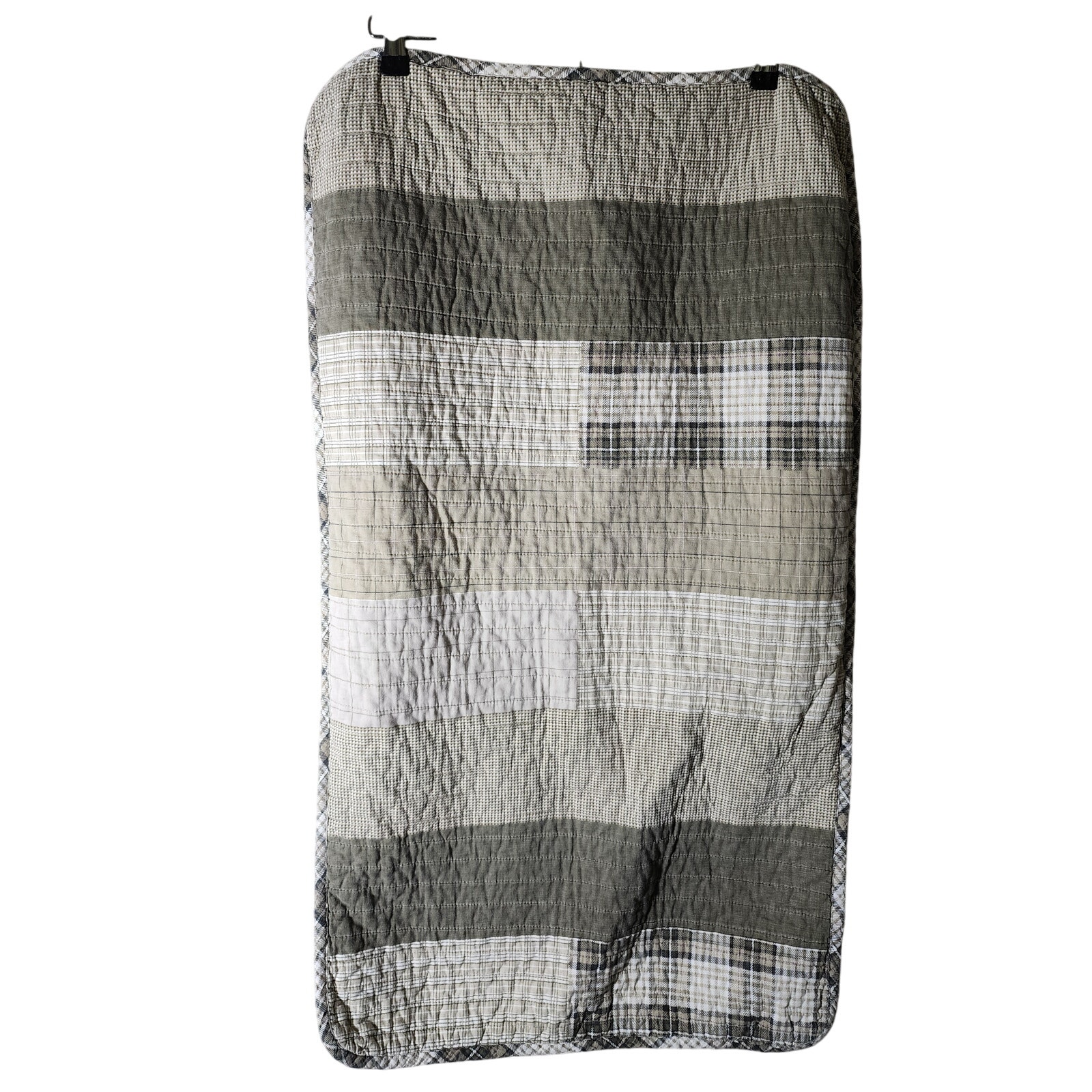 EDDIE BAUER Green Tan Plaid Patchwork Quilted KING Pillow Shams- Set of 2