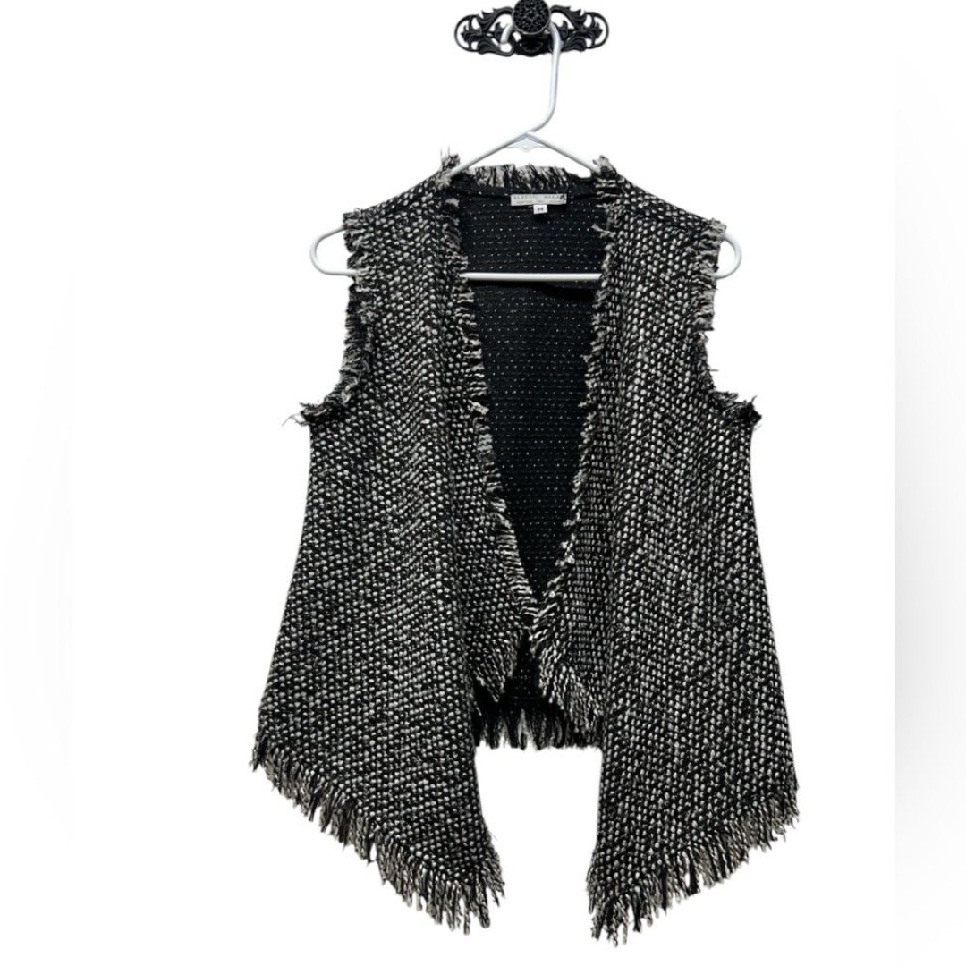 Alberto Makali black gray tweed frayed hem vest open front size Medium