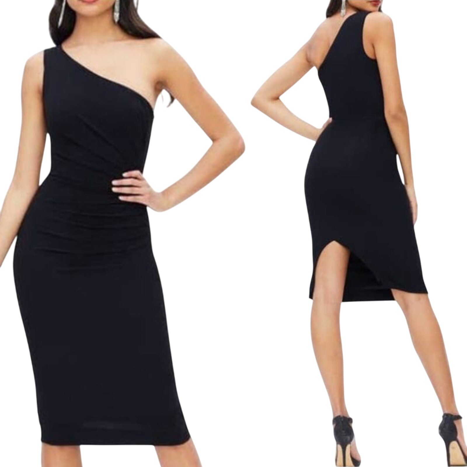 Dress the Population Martine Dress One Shoulder Stretch Crepe Black Womens XS