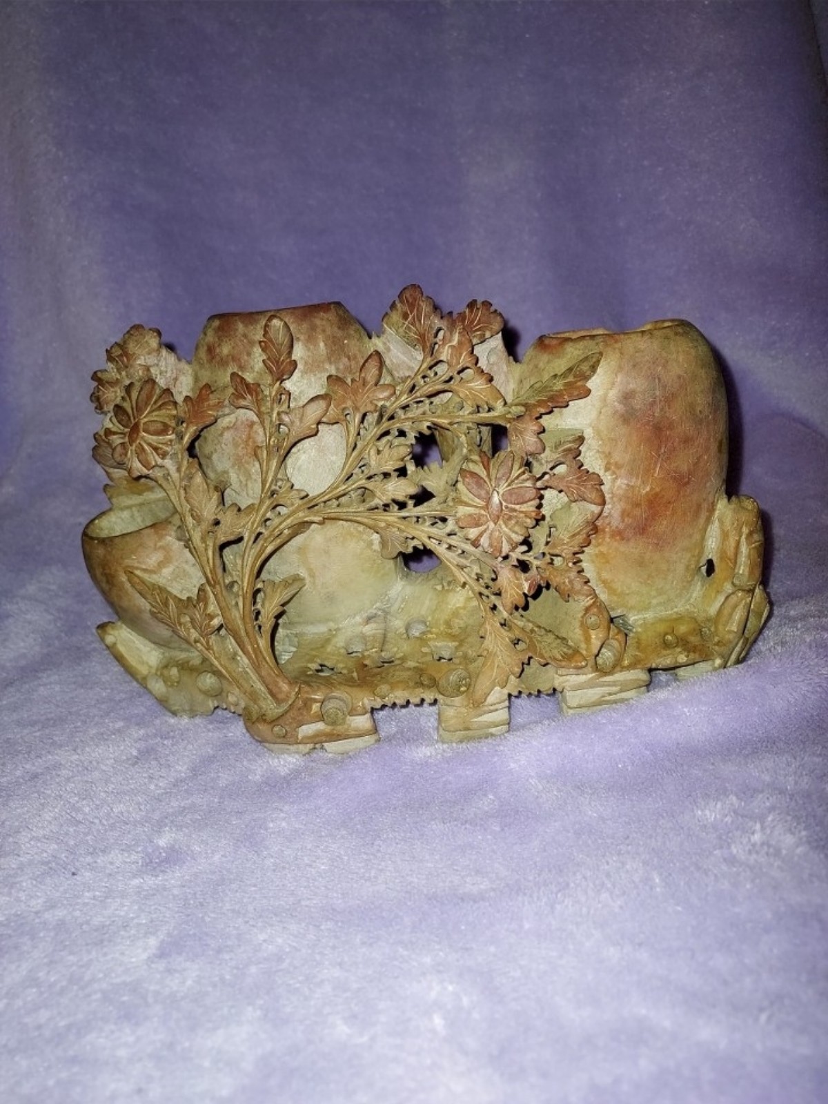 Antique Carved Soapstone Triple Bud Vase