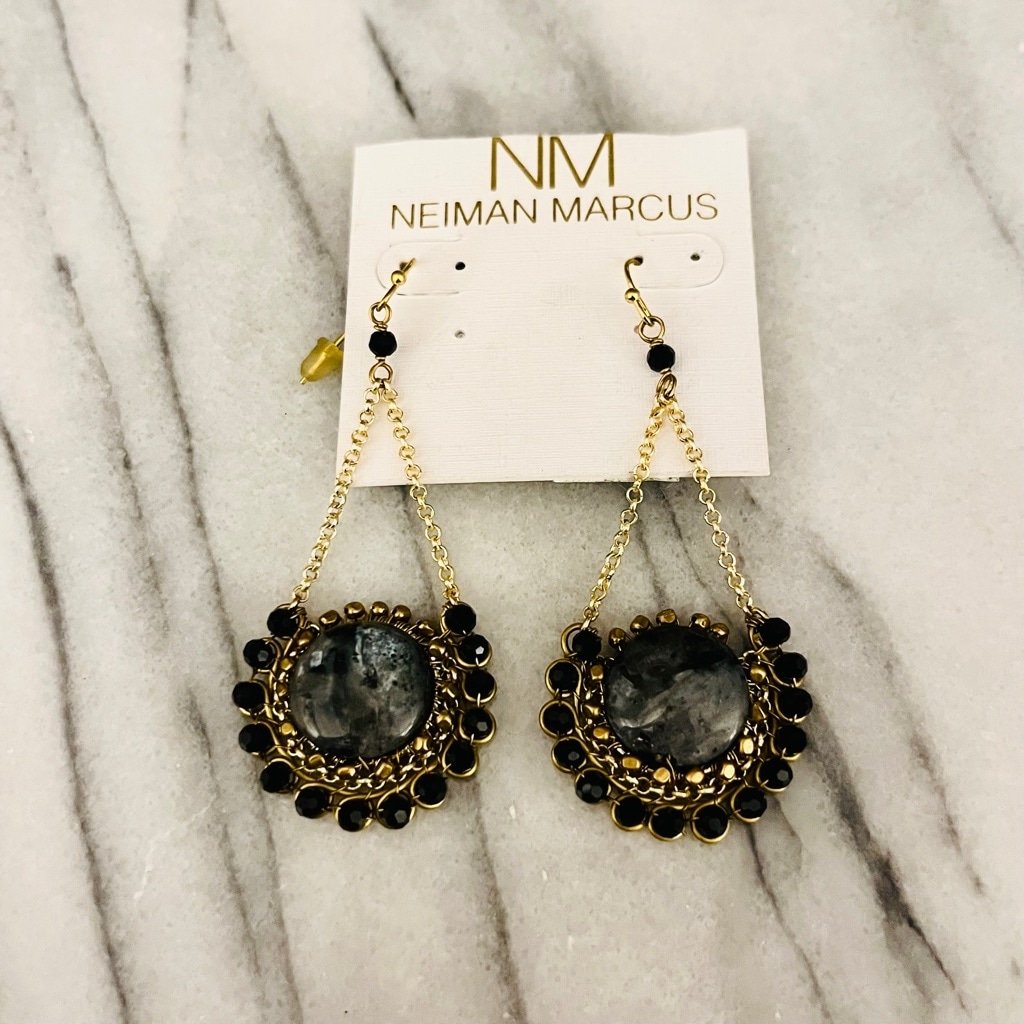 Neiman Marcus Boho Stone Earrings Black Dangle Drop Long Statement NWT
