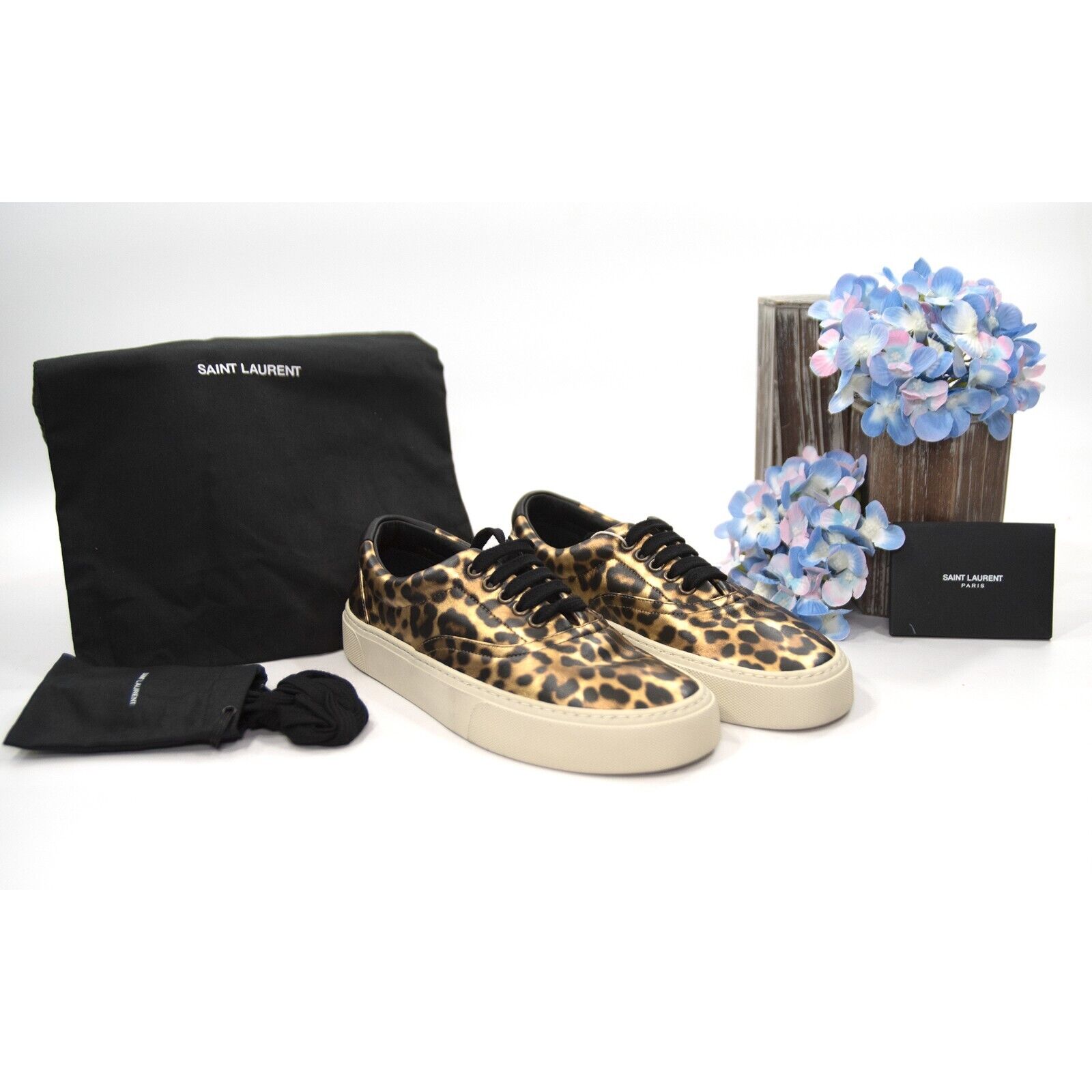 Saint Laurent Venice Black Gold Metallic Leather Leopard Sneakers 37 NIB