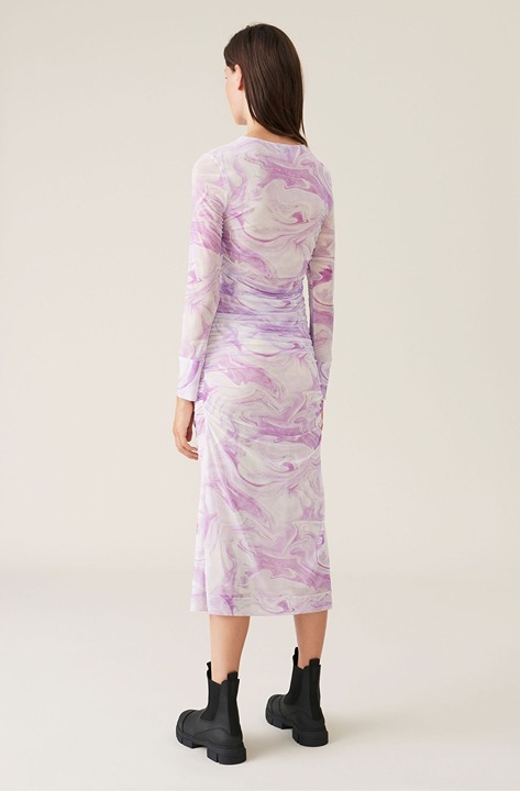 Ganni XS/S Ruched Swirl Printed Mesh Midi Dress in Orchid Bloom (purple)