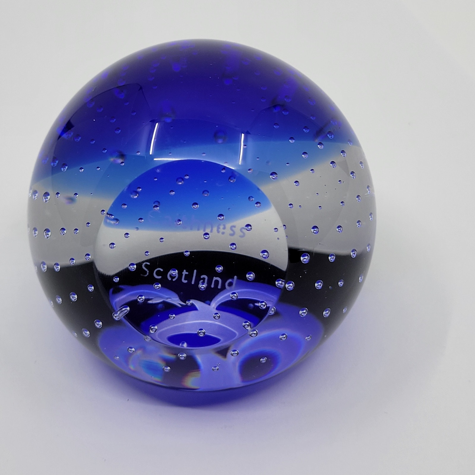 Vintage Caithness Scotland Blue Etched Dolphins Blown Glass Paperweight