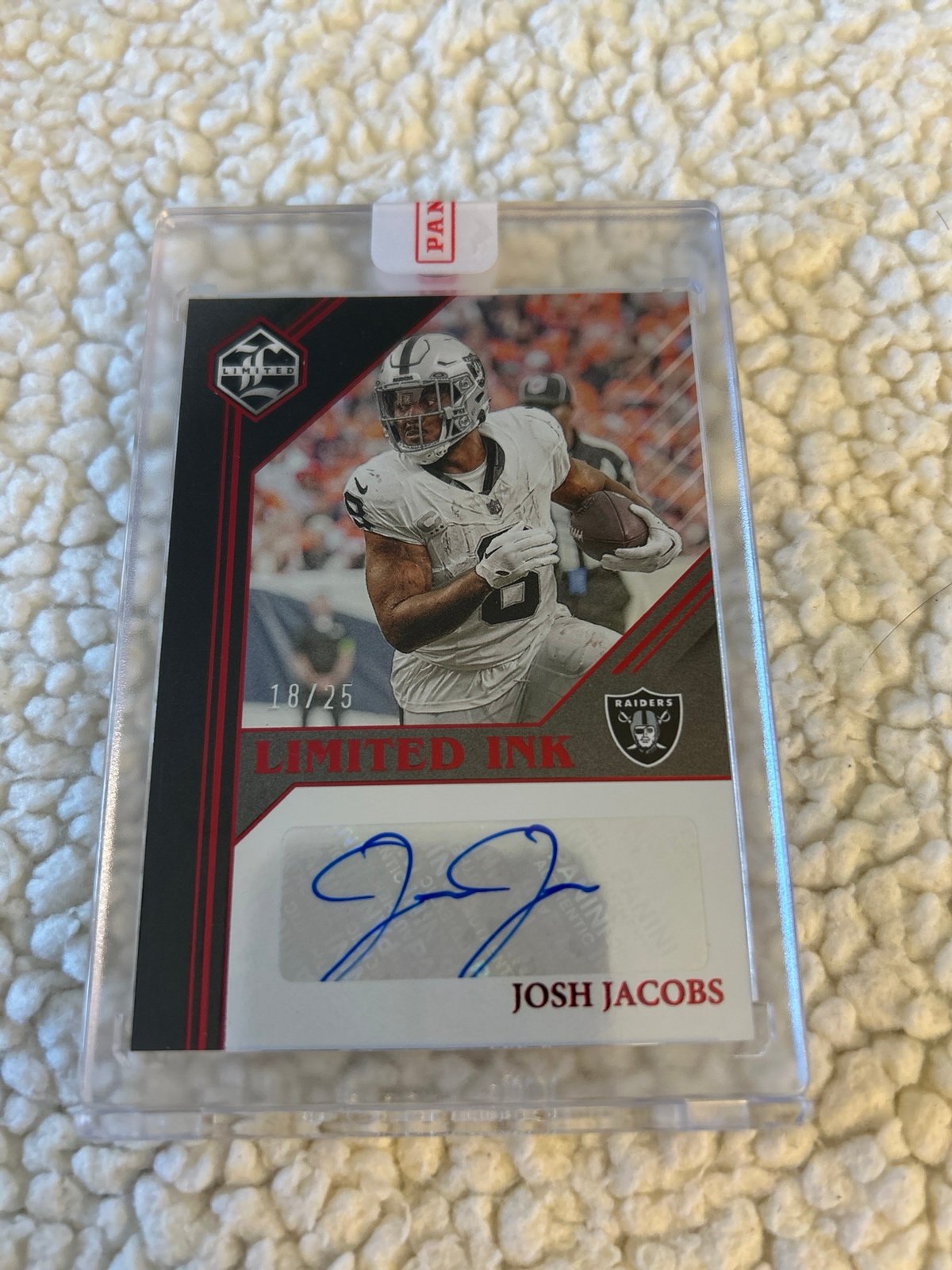 2023 Panini Limited Football Ruby Red Limited Ink/25 Rare Josh Jacob’s Raiders