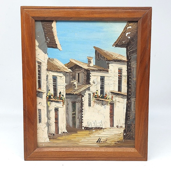 Original Oil Painting of a Mediterranean Village On Canvas In Wood Frame