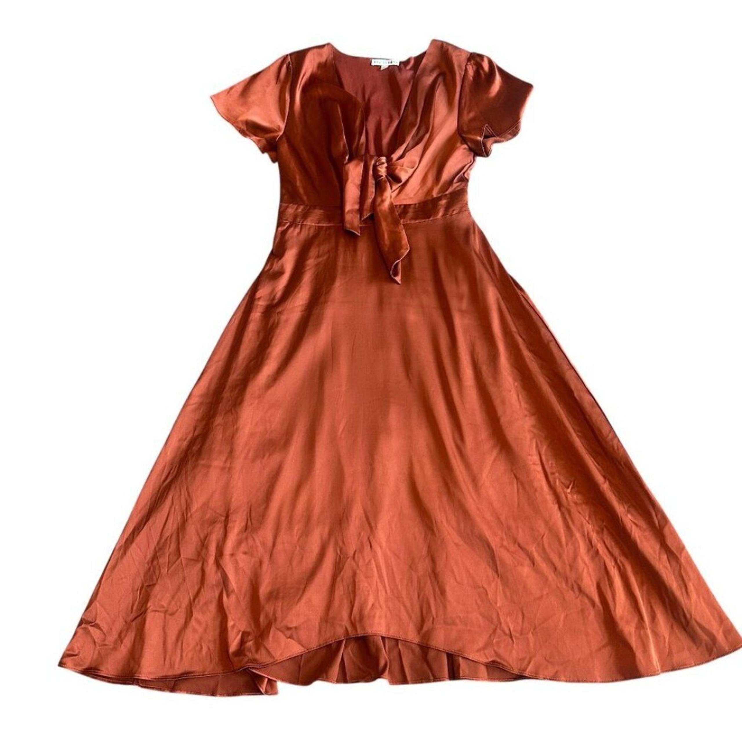 Baltic Born Poppy Satin Midi Dress Tie-Front Short Sleeve Rust Size Medium Women